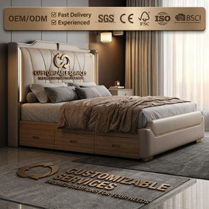 Letto matrimoniale moderno di lusso a basso profilo con struttura KD salvaspazio e contenitore, per camera da letto principale, con luci LED touch. - Product Image 1