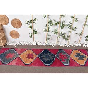 Alfombra turca Vintage en rojo étnico negro 26x111 pies área grande lana 10mm espesor Patchwork patrón látex respaldo para pasillo - Product Image 2