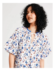 Handcrafted Hot Cotton Printed Short Sleeves Regular Fit O-<b>neck</b> <b>Tie</b> up at Neckline All-over Floral Print Outdoor Leisure - Product Image 1