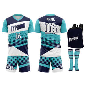 Uniforme de football personnalisé OEM, design sublimé de haute qualité, col en V, fabriqué sur mesure avec tissu polyester à séchage rapide, avec chaussettes et sac - Product Image 1