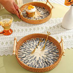 Plateau de service à thé en rotin MOP pièce maîtresse de table haut choix capiz coquille mosaïque plateaux de petit déjeuner - Product Image 3