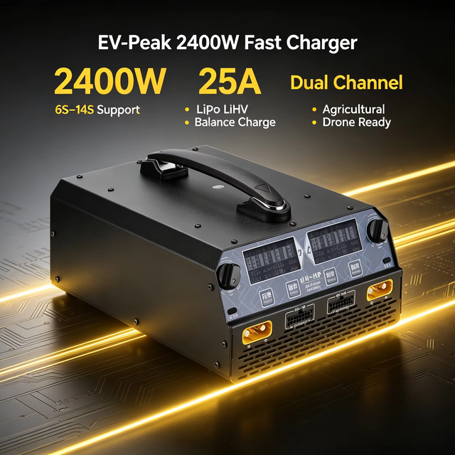 EV-Peak U4-HP 2400W 25A Dual Channel Smart Balance Fast Charger 6S-14S LiPo LiHV Battery Charger for Agricultural Spraying Drone