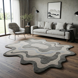 Hiện đại màu xám len rug handmade trừu tượng thiết kế không thường xuyên hữu cơ hình dạng thảm tay-chần sợi vòng từ Ấn Độ có thể giặt để sử dụng nhà - Product Image 1