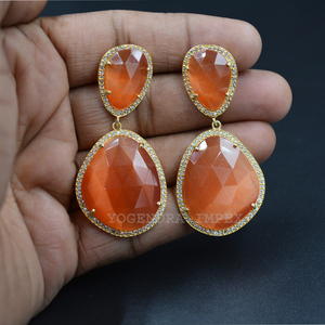 Forma de fantasía Monalisa naranja natural con gota de piedras preciosas CZ y pendientes colgantes Pendientes de circón de Plata de Ley 925 Joyería para Wome - Product Image 4