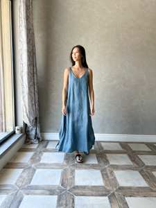 Robe midi légère en lin de style estival sans manches col V profond poches tissées solide naturel teint uni - Product Image 4