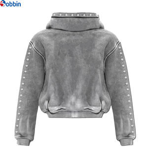 Sudadera con Capucha Personalizada para Hombre, de Algodón Grueso, Estilo Urbano, con Pedrería, Cierre Extra Grande, Lavado Ácido, Estampada - Product Image 2