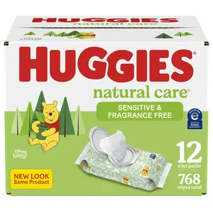 Huggies Natuurlijke Zorggevoelige Babydoekjes, Ongeparfumeerd, 12 Flip-Top Packs (768 Doekjes In Totaal)