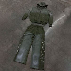 Ensemble survêtement vintage streetwear pour homme, 100% coton, poids lourd, avec fermeture éclair personnalisée en strass, sweat-shirt et pantalon de jogging, ensemble deux pièces, fabricant OEM - Product Image 5