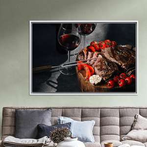 Impression sur toile Vin et viande : Art mural moderne sur le thème de la cuisine, toile encadrée blanche - Product Image 1