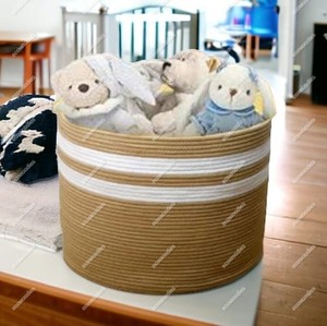 Customizable Size Home Storage Woven Cotton Rope Toy Stocked <b>Basket</b> Bamboo Nursery <b>Laundry</b> Bin for Kids & Bedroom - Product Image 2