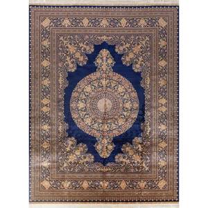 Tapis en soie noué à la main Gulmarg bleu avec motif médaillon pour usage domestique - Pae-6383 - Product Image 1