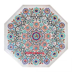 Plateau de table basse octogonal en marbre blanc incrusté fait main, de qualité supérieure, fabriqué et vendu en gros par un fabricant indien pour la décoration intérieure - Product Image 1