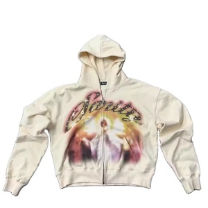 Custom Logo Dtg Print Graphic Cut and Sew Hoodies High Quality 450GSM Cotton Street Wear <b>Cropped</b> Rhinestone Zip up Hoodie <b>Men</b> - Product Image 2
