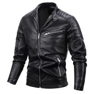Veste de moto d'hiver pour homme, style streetwear, en cuir véritable, col montant, motif lettres, capuche, rembourrage en polyester - Product Image 2