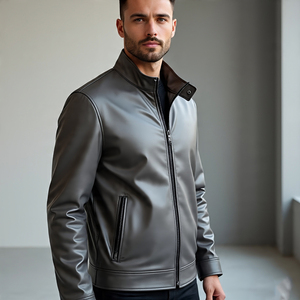 แจ็กเก็ตมีซิปแบบลำลองสำหรับนักขี่มอเตอร์ไซค์เสื้อแจ็คเก็ตหนังทรงสลิมฟิตสำหรับผู้ชาย - Product Image 4