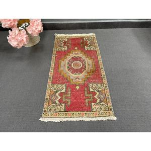 Vintage Small Rug 1.5x3 ft (46x92 cm), Turkish <b>Red</b> Animal Print <b>Wool</b> Rug - Product Image 3