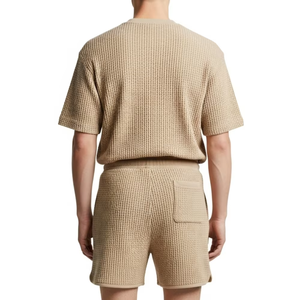 Conjunto Casual de Verano para Hombre, Camiseta de Cuello Redondo de Algodón Beige con Tejido Waffle y Pantalones Cortos de Color Sólido, Tejido Transpirable - Product Image 6