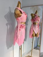 Nouveaux costumes de danse latine pour femmes, jupes de danse latine, haut à col halter avec fleurs à franges, ensemble jupe et haut, costume de danse rose