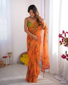 Exclusiva colección de saris elegantes con estampado de organza para fiestas disponible a precio mayorista. - Product Image 1