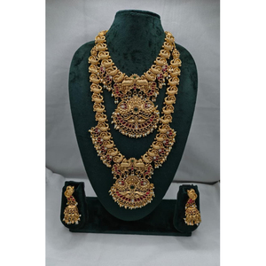 Ensemble de collier de mariée long traditionnel du sud de l'Inde avec pierres plaquées or vintage et boucles d'oreilles pour mariage, fiançailles, fête - Product Image 1
