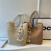 Tas pantai lipat mode wanita, tas pantai lipit populer, katun, keranjang ritsleting, pita dekorasi, gaya Vintage untuk musim panas