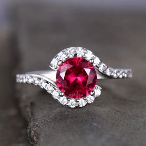 14K Solid <b>Gold</b> <b>Vintage</b> Art Deco Style <b>Ring</b> 7 mm Round Cut Lab-Grown Ruby Curved Halo Engagement Wedding <b>Ring</b> for Gifts Parties - Product Image 1