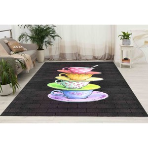 Tapis aux couleurs vives de style tasses à thé : Décoration de cuisine moderne, lavable en machine, tapis en chenille - Product Image 3