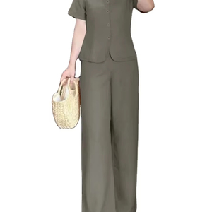 ชุดวอร์มลำลองของผู้หญิง2ชิ้นสำหรับฤดูร้อน2025ชุดวอร์ม100% ยาวถึงข้อเท้าสีพื้นแขนสั้นโพลีเอสเตอร์คอวีระบายอากาศ - Product Image 1