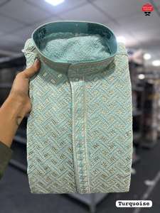 High Quality Men's Cotton <b>Kurta</b> Premium Ethnic Wear Collection Heavy <b>Silk</b> Jequard Embroidery Patti Fancy Button Traditional - Product Image 3