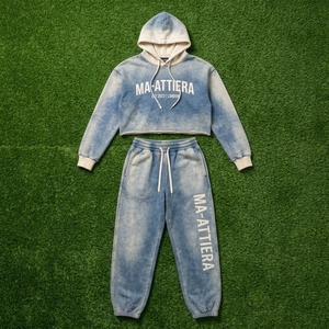 Conjunto de Sudadera Corta Azul con Efecto Ácido y Pantalones Jogger de Pierna Ancha para Mujer, de Algodón y Felpa, Estilo Urbano, Venta al por Mayor OEM - Product Image 6
