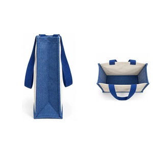 Sac fourre-tout en toile de jute laminée bleue 12x15.5x5.5 pouces avec logo personnalisé, sac de courses réutilisable, vente en gros - Product Image 5