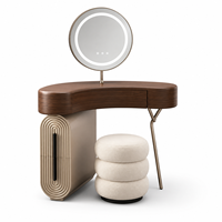 Ensemble de coiffeuse de luxe en noyer sur mesure avec miroir LED, tabouret et rangement pour hôtel et villa