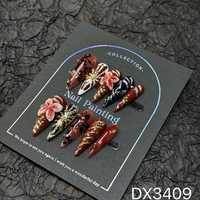 Kuku Palsu Almond Press-on Buatan Tangan dengan Aksen Bunga 3D Emas, Full Cover untuk Jari