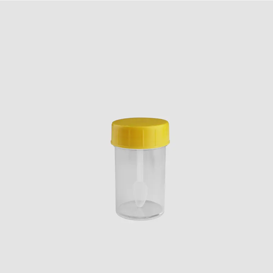 Disposable Non Sterile with Spoon container specimen Cup screw lid 55ml Lab use Yellow Transparent with or without Label M0357
