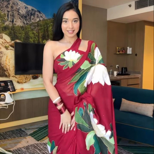 Fashionable Traditional <b>Red</b> Georgette Saree Multi-Color Flower Digital Print Winter/Summer Work Ready Wrinkle Free Sun - Product Image 1