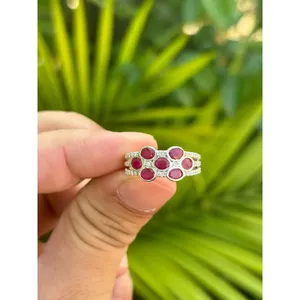 925 Silver Natural Ruby <b>Cluster</b> Ring Bezel Set Boho Style 24K Gold Plated Statement Ring for Everyday Wear Featuring Jade - Product Image 1