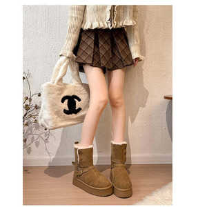 Bottes en daim de vache (cuir mat) pour filles, automne/hiver, talon bas, bout rond, tube court, plateforme en caoutchouc, bottes chaudes pour la neige - Product Image 6