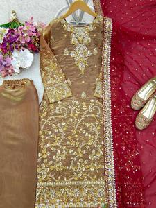 TENNECY Girls' Fancy Jimmy Silk Embroidery Sequin Work Top & Bottom with Dupatta in <b>Wine</b> Color - Product Image 2