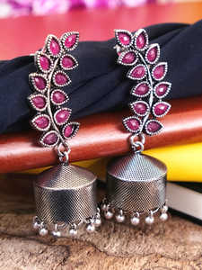 Direct Indian Supplier Best Selling Women's Stylish Pink <b>Jhumka</b> Stud Earrings Oxidised <b>Silver</b> Plated Geometric Pattern - Product Image 3