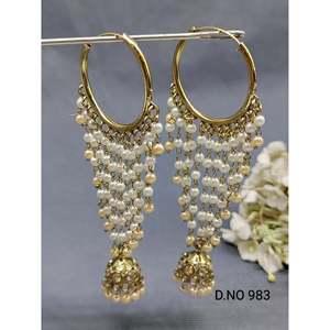 Twini Mehandi Hoop Bali Jhumki <b>Earring</b> Trendy Cute Brass Gold Geometric Tassel Shape Featuring Pearl Wedding Maharashtra - Product Image 1