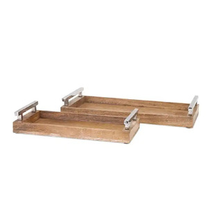 Plateau de service en bois de luxe Accent avec poignées en métal argenté Ustensiles de cuisine Plateau de service pour la maison et l'hôtel - Product Image 1