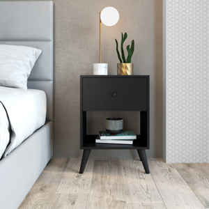 Mesa de Noche de Estilo Moderno RETRO con 1 Cajón, Mueble de Madera para Dormitorio, Aglomerado Negro, Diseño Brasileño, Fácil Montaje, Plano - Product Image 6