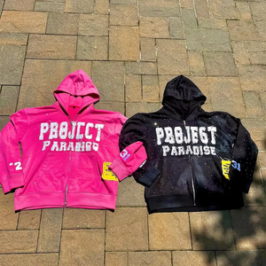 Ensemble survêtement et sweat-shirt à capuche personnalisé avec broderie de lettres en strass délavé à l'acide, épaules tombantes, fermeture éclair intégrale en métal, deux pièces - Product Image 2