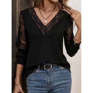 Blusa de viscosa con encaje y cuello en V de manga larga para mujer, 37368 - Negro - Product Image 3