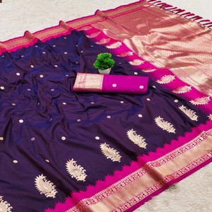 VASTRA COTTAGE Sari de Seda Banarasi Suave con Tejido Zari, Pequeños Motivos, Borde de Pallu con Rico Contraste, Diseño Tradicional - Product Image 6
