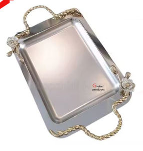 Bandeja de servicio con acabado plateado en forma de rectángulo de aspecto martillado 2025 para restaurante y bar de hotel - Product Image 4