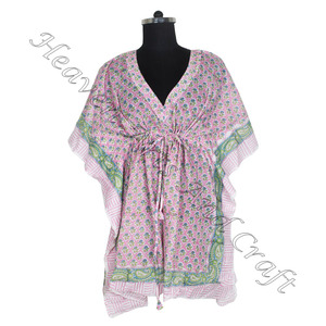 2025 dernière mode femmes coton maillots de bain bloc imprimer court caftan femmes Bikini court caftan élégant couvrir main bloc imprimer - Product Image 3