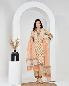 Mehka Saawan Peach Cotton Suit Set with Kota Doriya Dupatta - Product Image 1