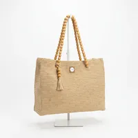 Sac cabas en paille avec poignées en perles de bois et pompon, couleur unie, fermeture éclair, style bohème, sac de plage d'été