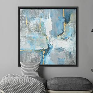 Toile imprimée : Art mural abstrait effet plâtre ancien en bleu et gris, encadré noir - Product Image 1